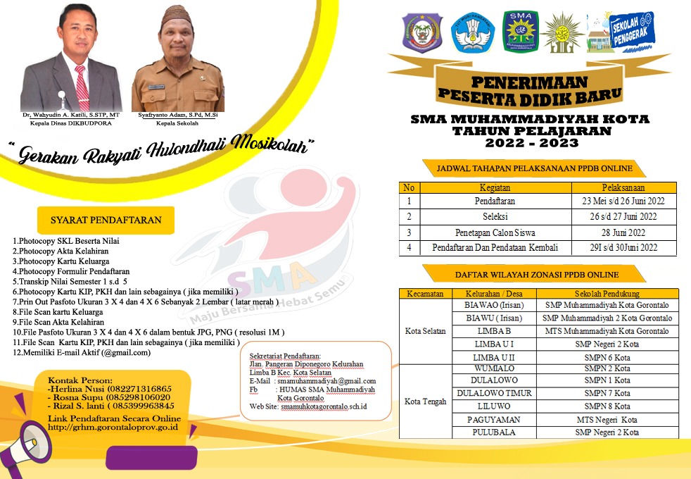 DAPATKAN BEASISWA JALUR KHUSUS MELANJUTKAN PENDIDIKAN DI SMA MUHAMMADIYAH KOTA GORONTALO, meliputi : 1. Gratis Satu Setel Pakaian Putih Abu-abu,  2. Gratis Atribut Sekolah,  3. Gratis Topi dan Dasi sekolah,  4. Gratis SPP dari Kelas X sampai dengan kelas XII (Selama 3 Tahun)  5. Gratis Uang Pendaftaran,  6. Gratis Uang Pangkal,  7. Gratis Uang Ujian selama 3 tahun  SYARAT PENDAFTARAN CALON PENERIMA BEASISWA : 1. Siswa Kelas IX SMP/MTs Tahun Pelajaran 2021/2022 2. Berusia di bawah 18 Tahun per tanggal 1 Juni 2022 3. Berasal dari Keluarga Tidak Mampu yang dibuktikan dengan Surat Keterangan Tidak Mampu (SKTM) dari Kepala Sekolah  4. Berprestasi baik Akademik (Dalam Pendidikan) maupun dalam bidang Seni, Olahraga dan Keagamaan, dll. 5. Mengisi Formulir Pendaftaran Calon Penerima Beasiswa Melalui Link : https://forms.gle/Ub9DVy1zFi3Wi8vu5,  6. Menandatangani Surat Pernyataan Siap Menerima Beasiswa Sesuai Ketentuan Yang Berlaku. 7. Bagi yang Jauh Disediakan Pemondokan (Terbatas) 8. Batas Pendaftaran  Beasiswa sd. Tanggal 26 Mei 2022 Pukul 23.59 Wita.